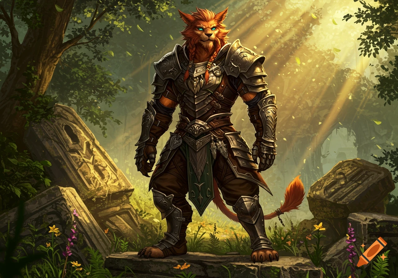 An armored lion-like warrior with orange fur and braids stands among ancient ruins in a sunlit forest.