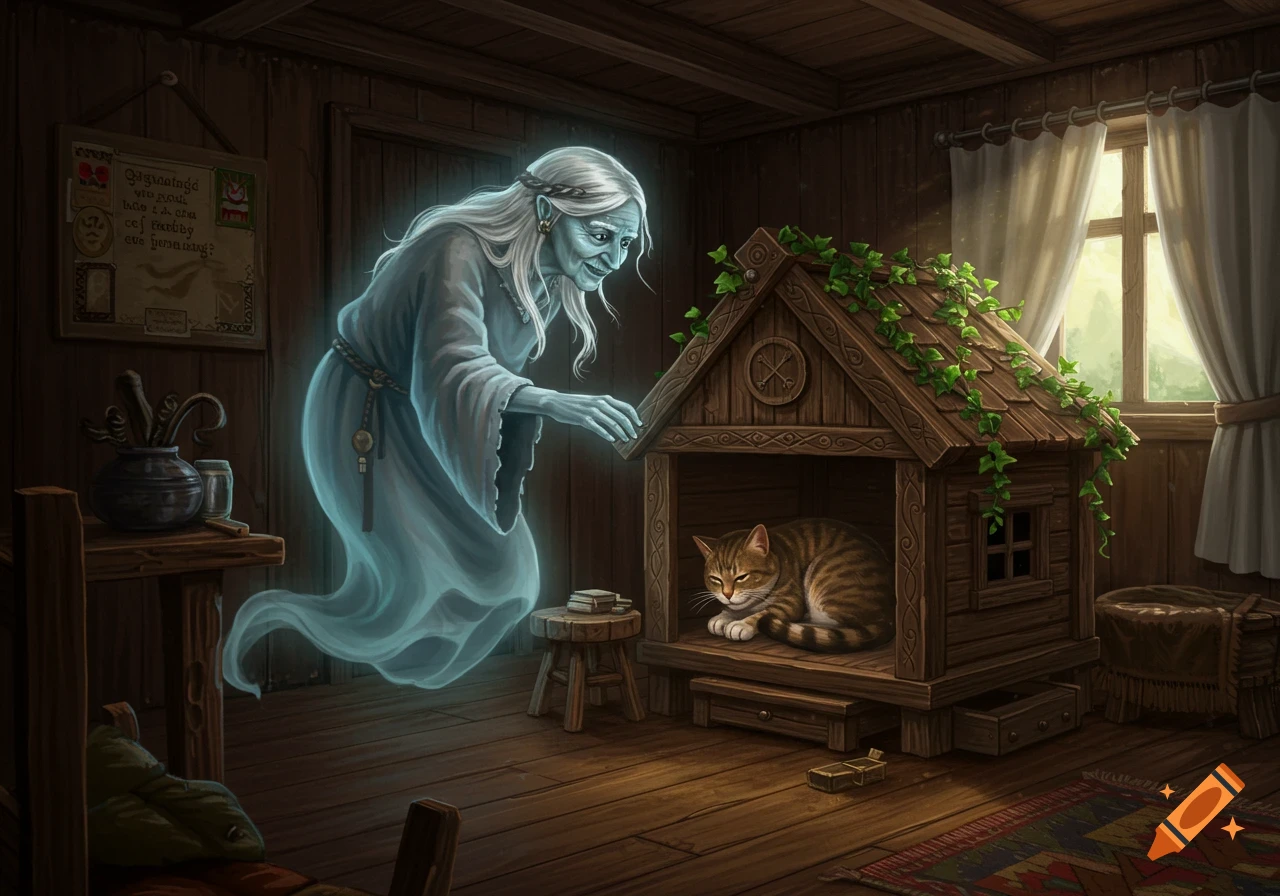 A glowing, spectral old woman leans over a wooden cat house where a tabby cat rests, in a cozy wooden room.