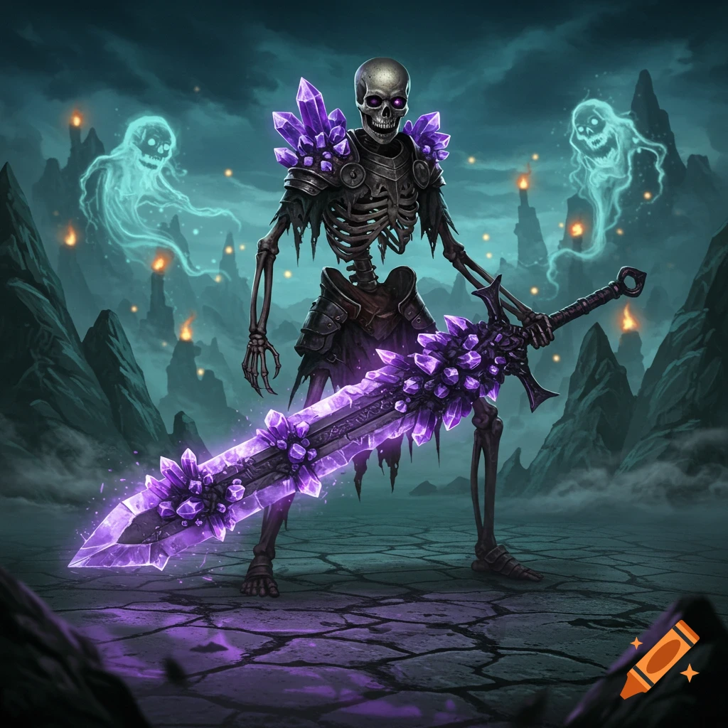 A skeleton warrior in dark armor holds a large sword covered in glowing purple crystals, flanked by two ghostly figures in a dark, rocky landscape.