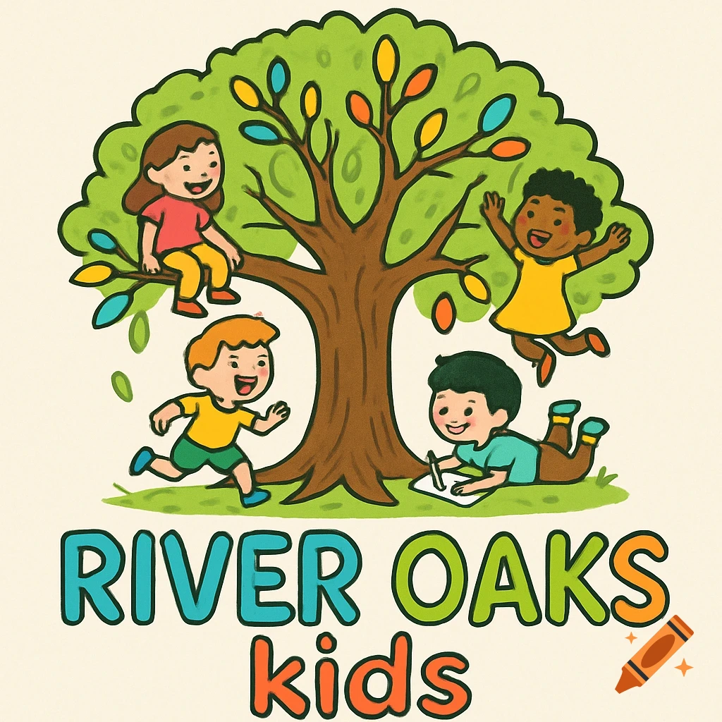 Cartoon logo featuring diverse children playing around a tree, with the text 'RIVER OAKS kids'.