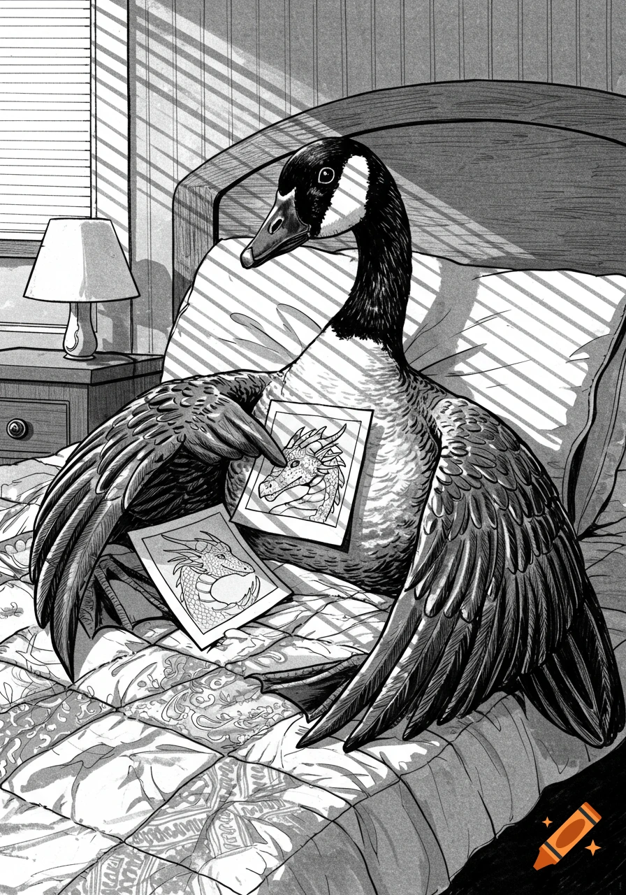 A black and white comic-style illustration of a Canadian goose lying in bed, holding and gazing at dragon drawings, tracing one with its wing tip.