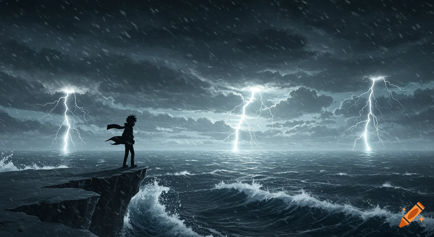 An anime boy stands on a cliff overlooking a turbulent ocean with multiple lightning strikes under a dark, stormy sky.