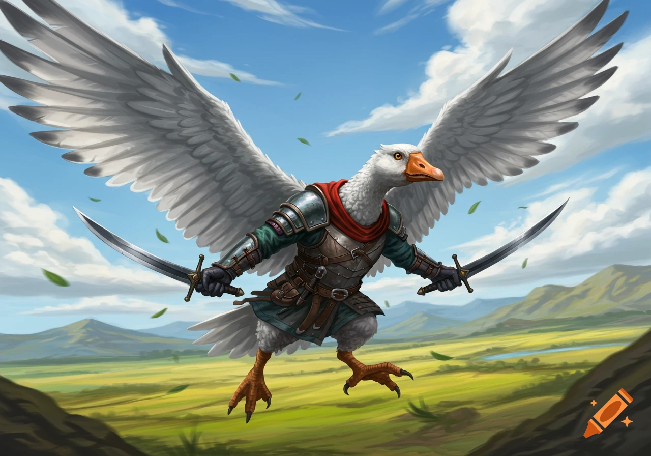 A goose-headed aarakocra fighter with white wings, wearing armor, flies over a green landscape, wielding two shortswords.