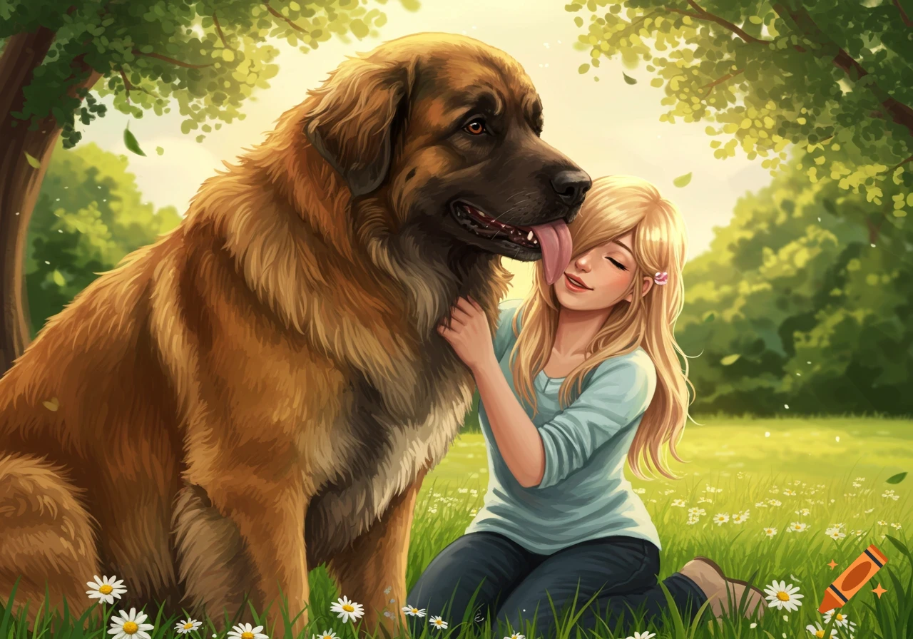 A happy girl with blonde hair hugs a large Leonberger dog in a sunny, grassy park, depicted in a digital art style.
