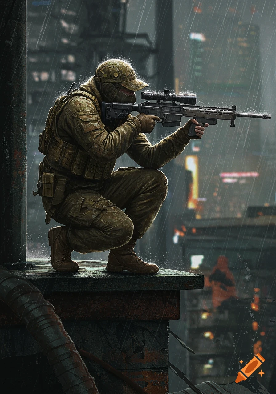 A sniper in tactical gear crouches on a rainy rooftop, aiming a rifle with a scope at a blurry city background.