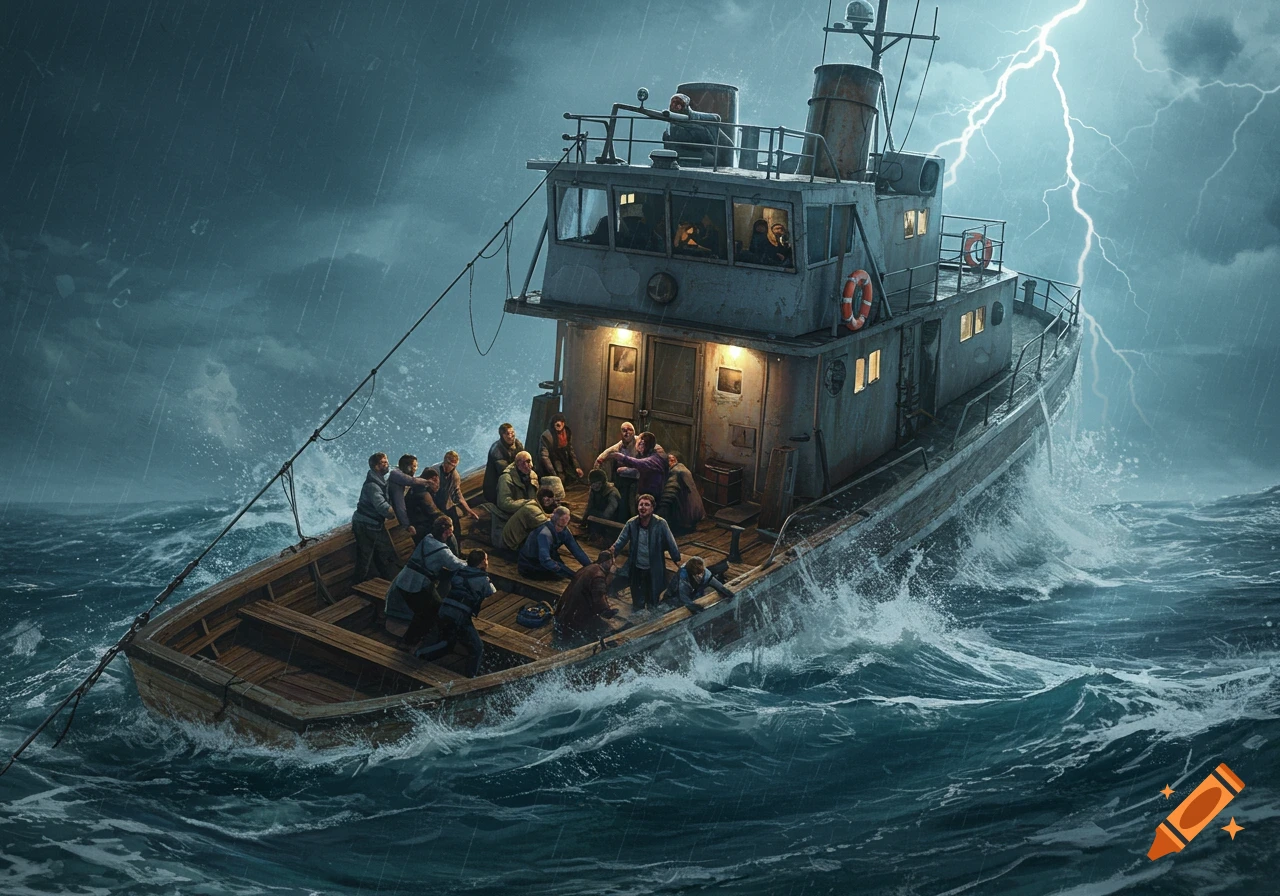 A small boat filled with panicked people struggles in a stormy sea with lightning striking in the background.