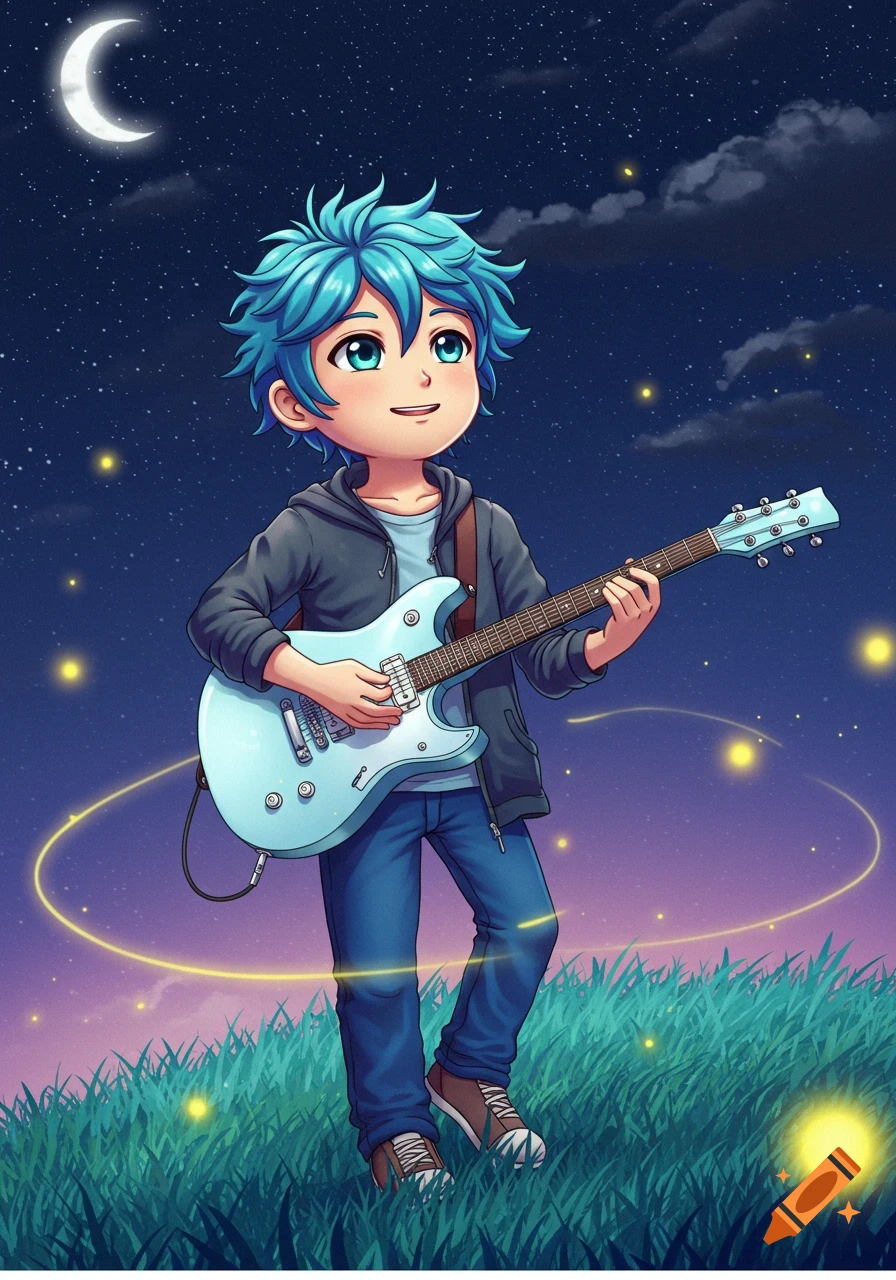 Anime boy with blue hair plays an electric guitar in a grassy field at night with stars, a crescent moon, and glowing fireflies.