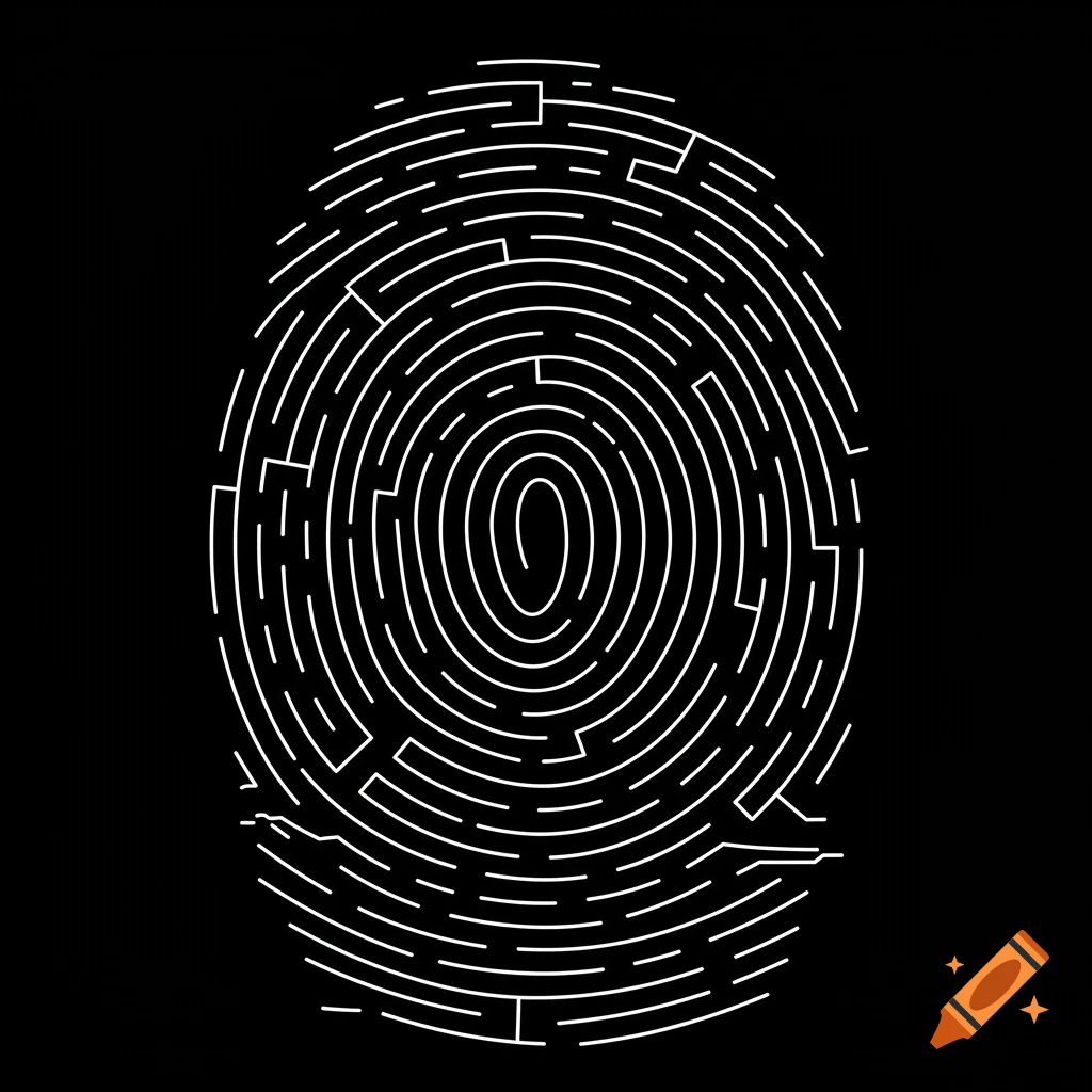 White lines forming a fingerprint-shaped maze on a solid black background.