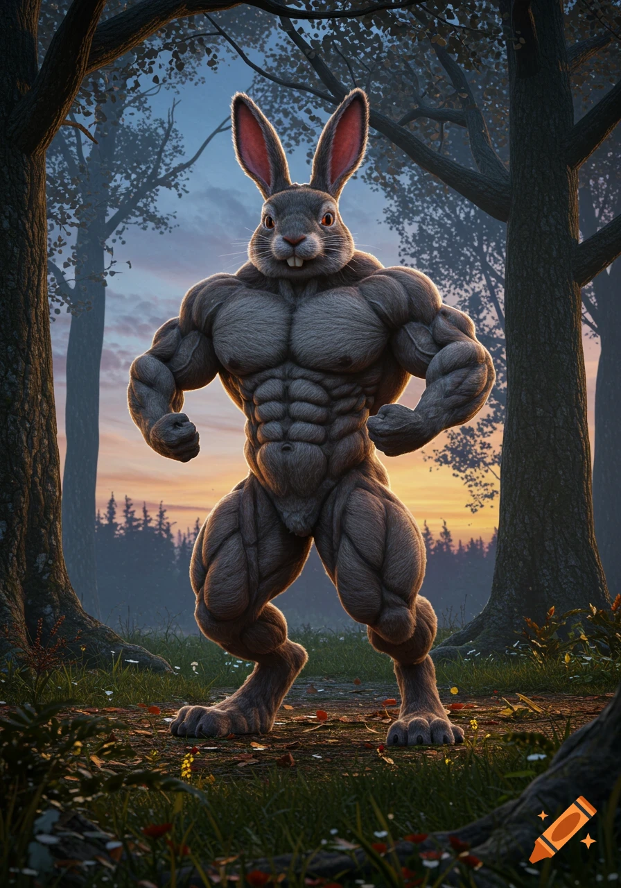 A photorealistic muscular, jacked gray rabbit stands posed in a forest at sunset, with large trees and a soft sky.