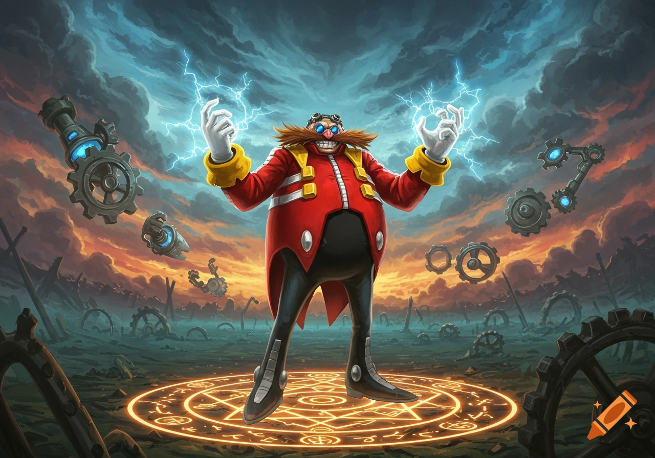 Dr. Eggman in a red coat and goggles, stands on a glowing magic circle, wielding blue lightning in both hands. Gears and mechanical parts float around him in a desolate landscape under a stormy, orange-blue sky.