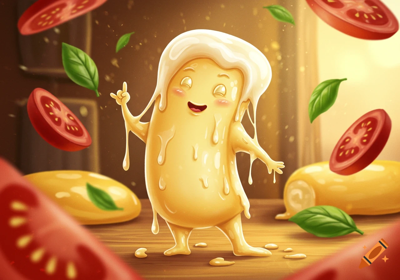 A smiling, anthropomorphic melted cheese stick character with a white topping stands on a wooden surface, surrounded by floating tomato slices and basil leaves in a warm, cartoon illustration.