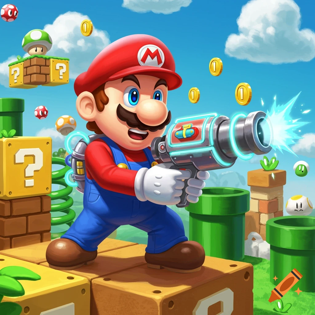 Super Mario holds a futuristic laser gun in a vibrant, stylized world with floating coins and question mark blocks.