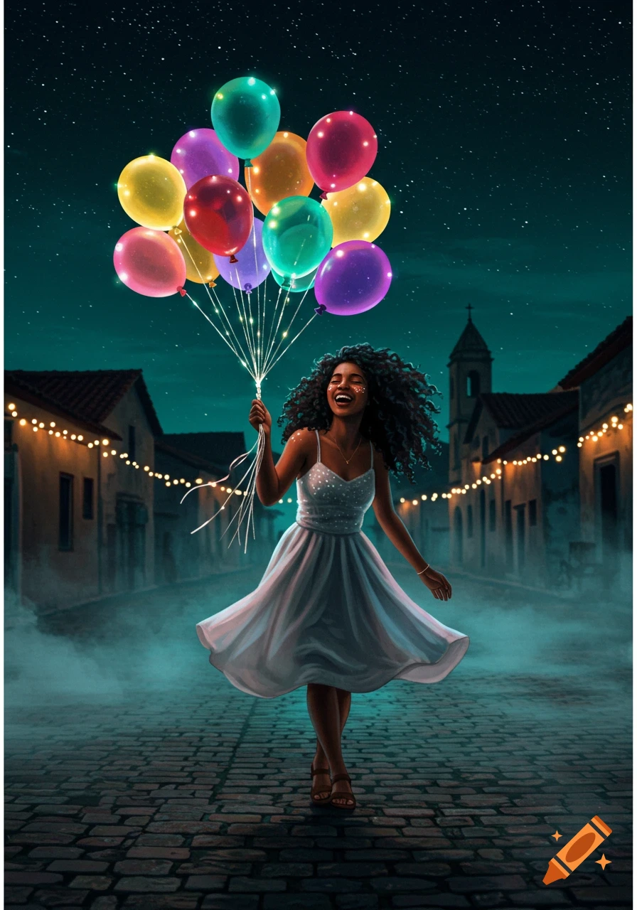 A smiling woman with curly hair walks down a cobblestone street at night, holding a bunch of colorful, glowing balloons.