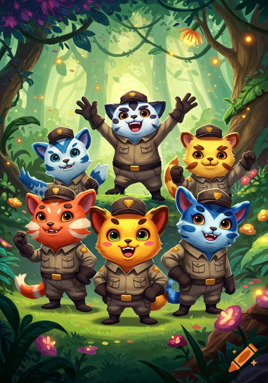 Six cute, cartoon animal characters in safari uniforms stand in a vibrant jungle setting with plants and glowing lights.