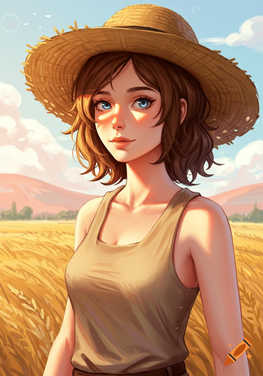 A portrait in Coral Island art style of a young female farmer with brown hair and blue eyes wearing a straw hat and tank top, standing in a wheat field.