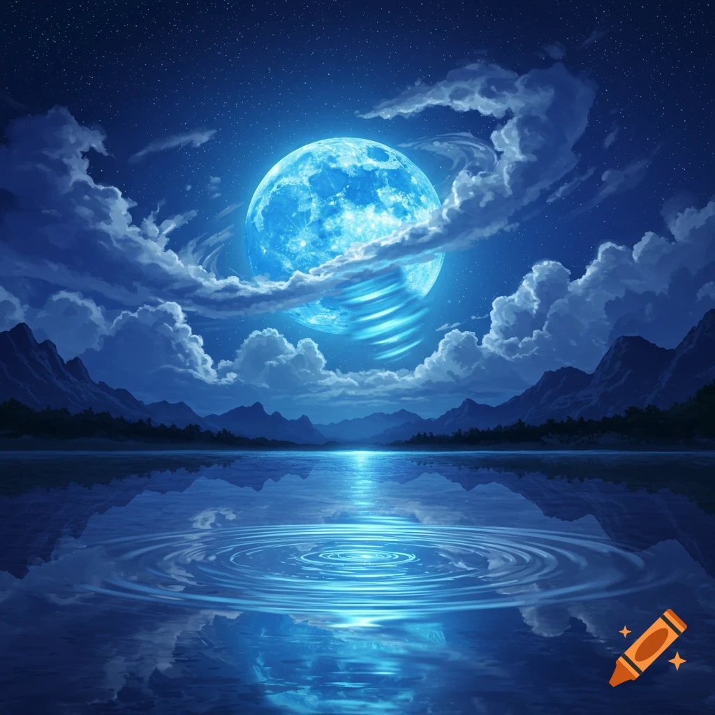 A large, glowing blue moon hangs over a calm lake reflecting its light,  with mountains in the distance and clouds swirling around the moon, at  night. on Craiyon, image size:1024x1024