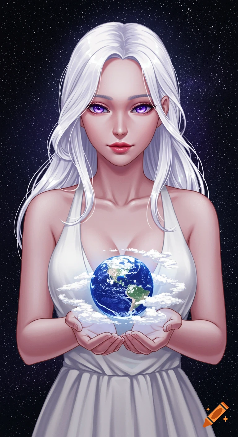 An anime-style woman with white hair and purple eyes holds a small Earth in her hands, surrounded by clouds, against a starry void background.