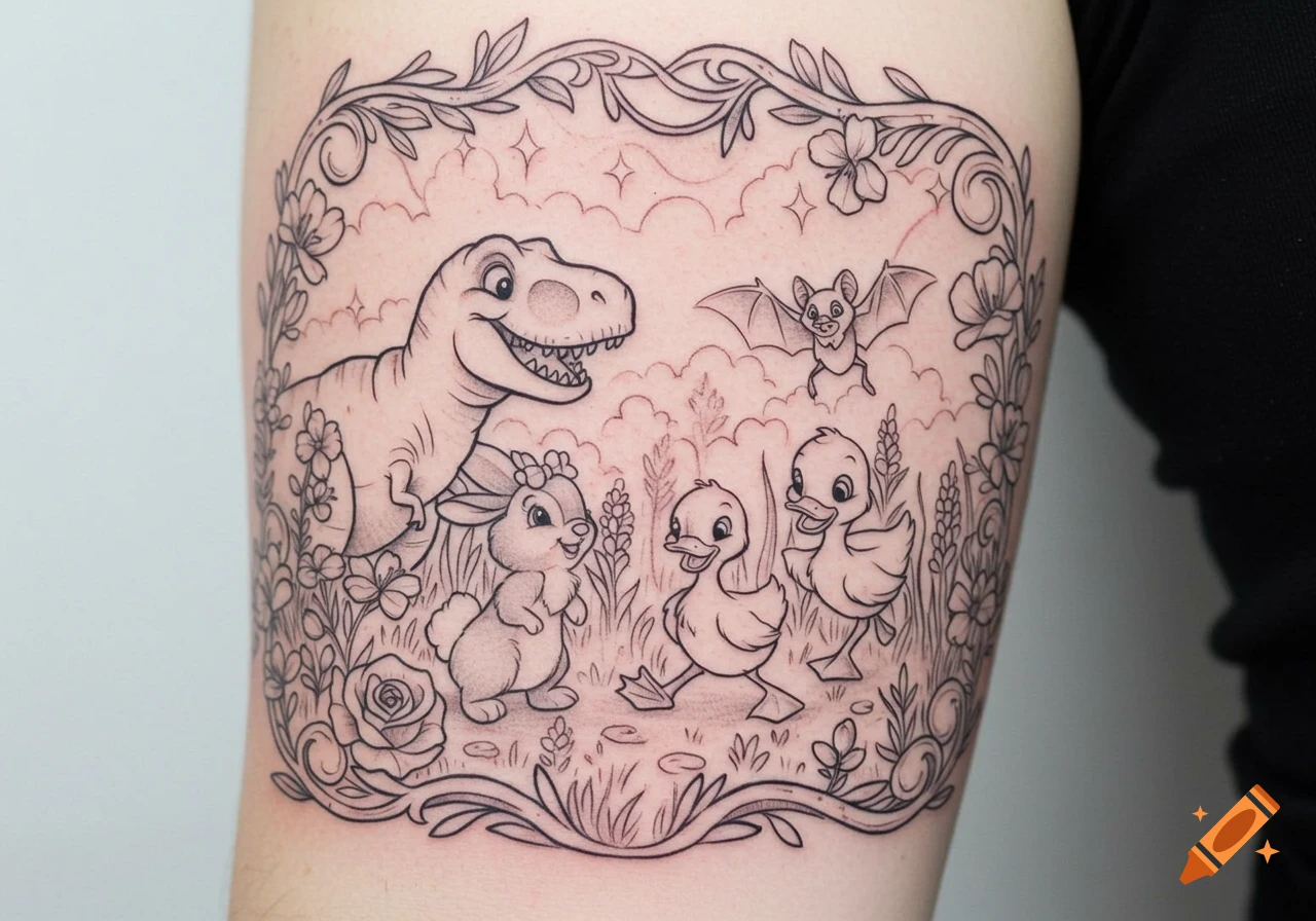 Black and white cartoon tattoo on an arm featuring a friendly T-Rex, a bunny, two ducklings, and a bat in a whimsical floral frame.