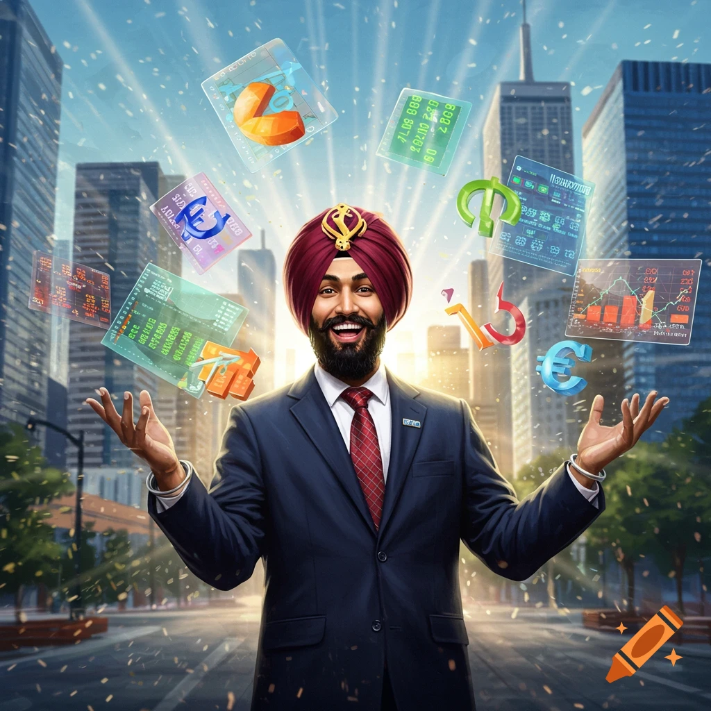 A smiling Sikh man in a suit and turban juggles various financial symbols and data screens in a vibrant city setting.