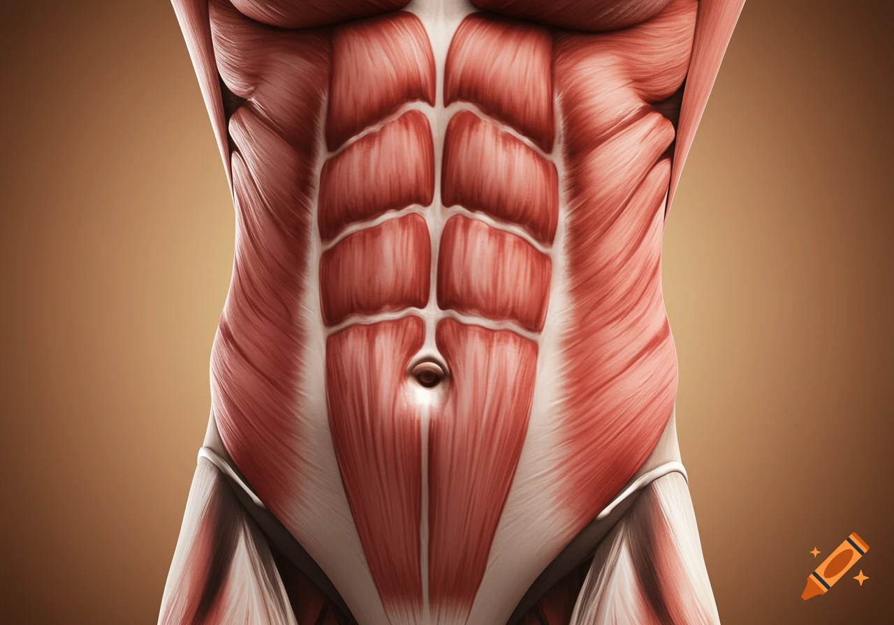 A highly detailed, photorealistic anatomical illustration of the human rectus abdominis muscles and abdomen.