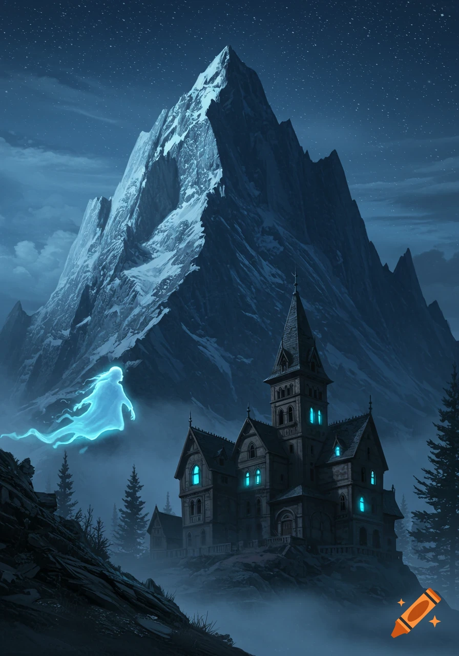 A luminous blue ghost floats above a gothic mansion at the base of a snowy mountain under a starry night sky.