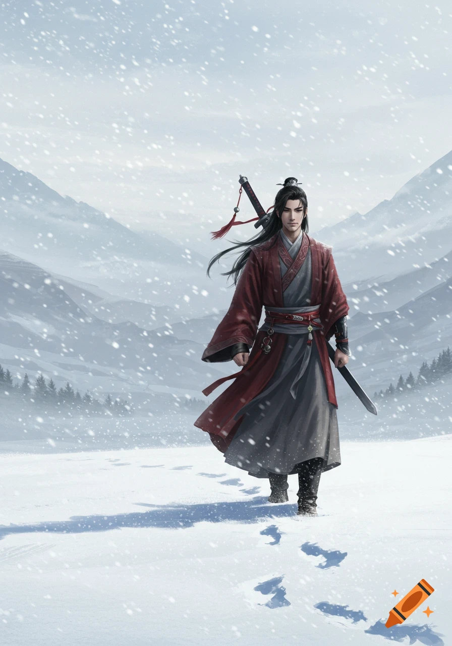 A wuxia warrior in a red robe walks through a snowy mountain landscape, leaving footprints in the snow. Illustrated.