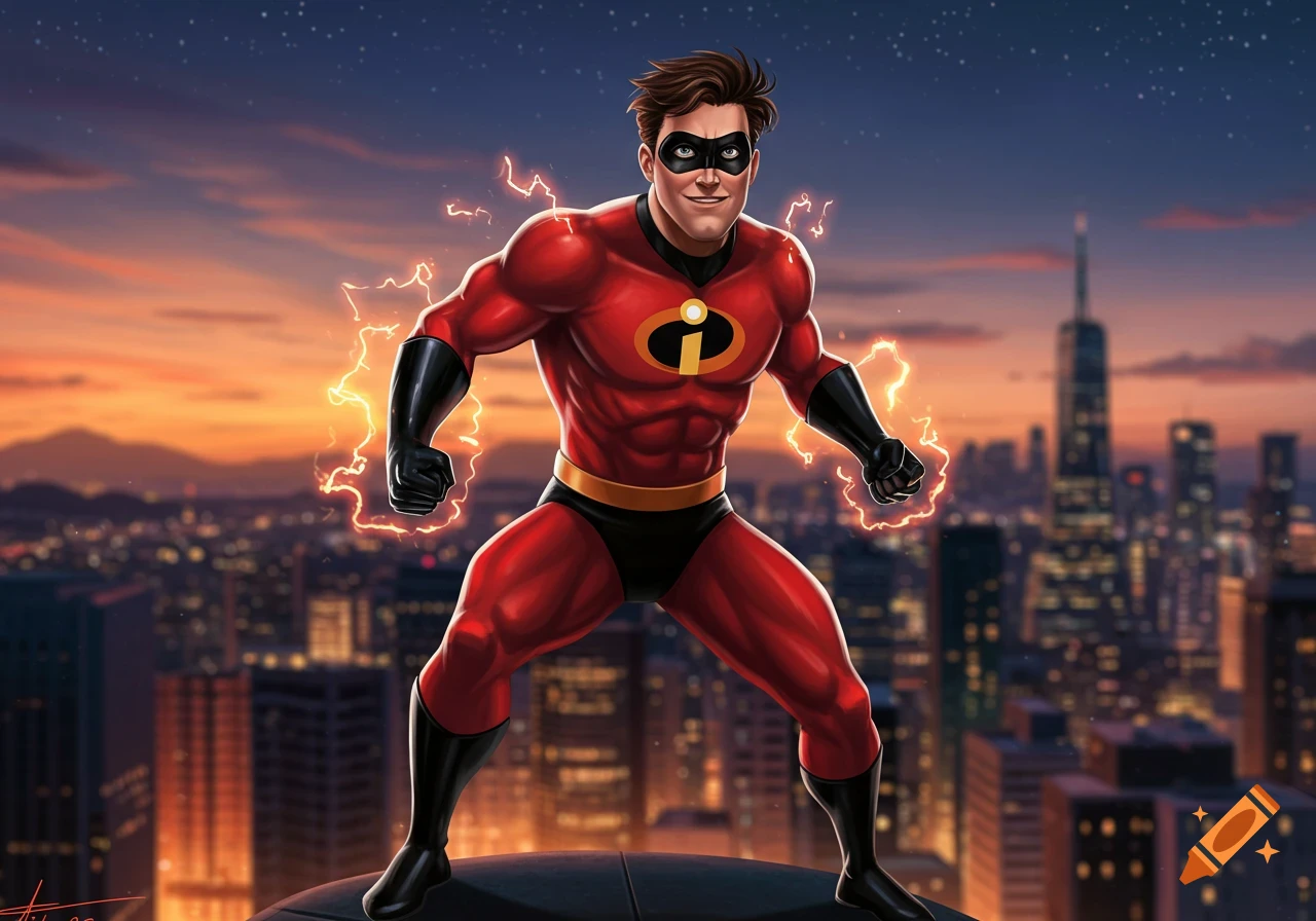 A male superhero in a red and black suit with an 'i' logo stands on a rooftop with energy around his fists, overlooking a cityscape at sunset.