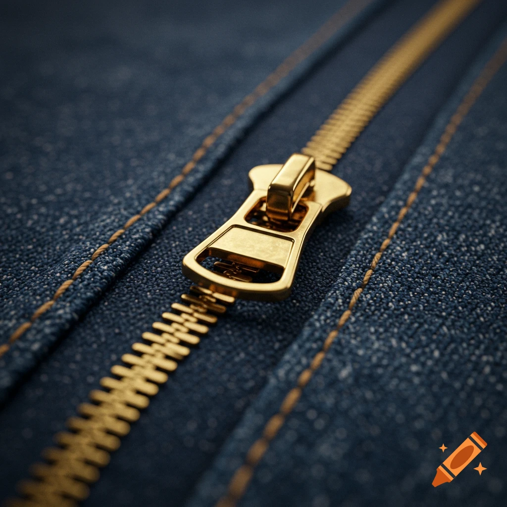 Close-up, photorealistic image of a golden zipper on blue denim jeans.