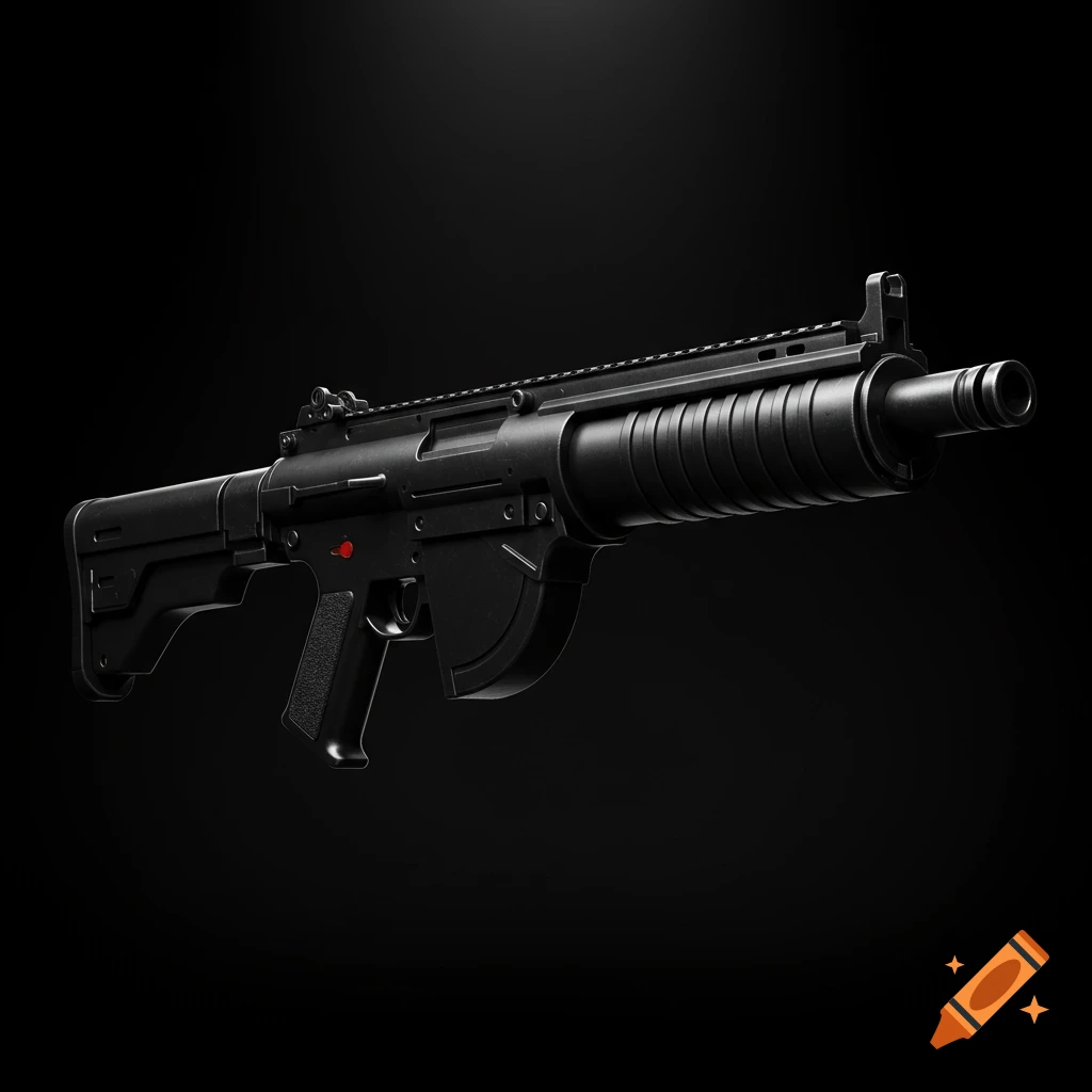 A jet black grenade launcher with a ribbed barrel, set against a dark, featureless background.
