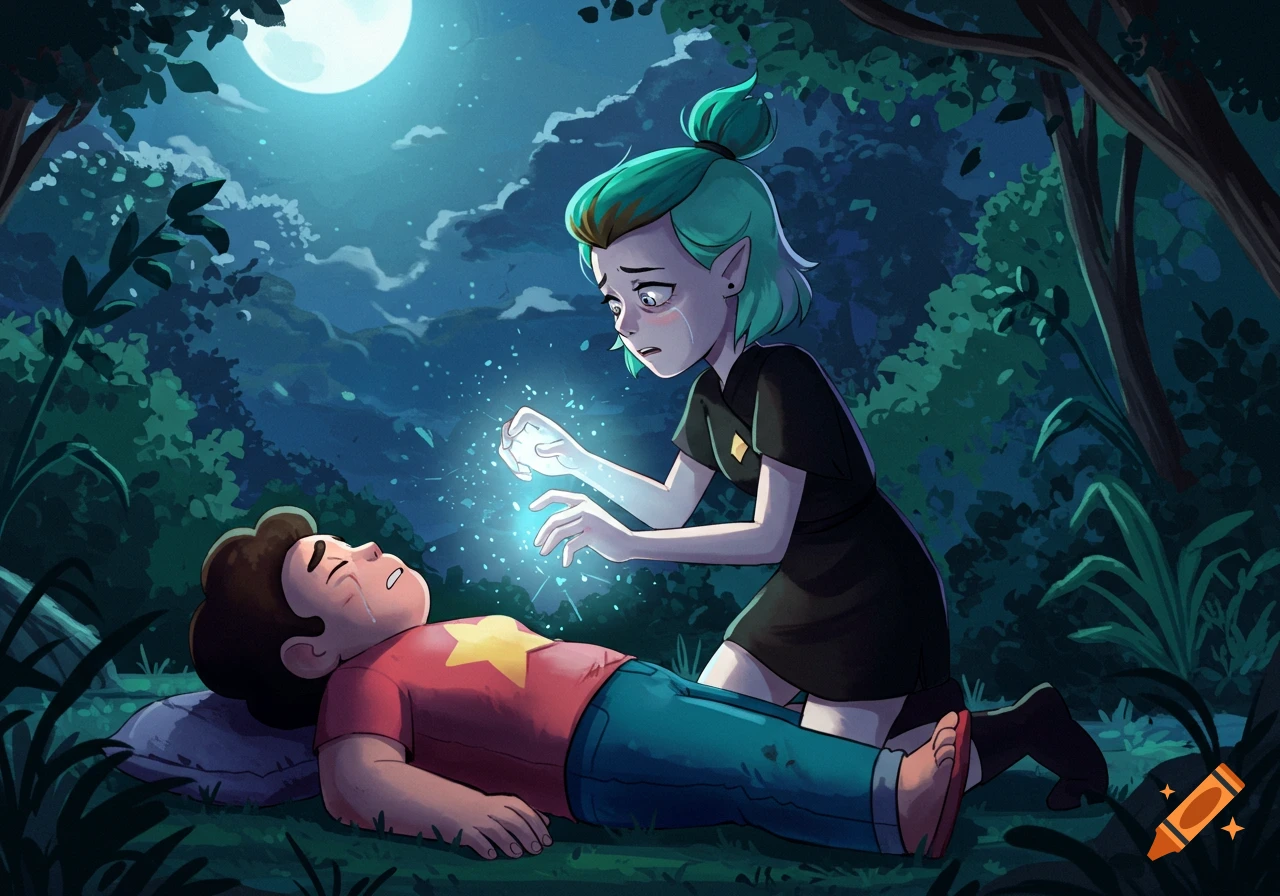 Amity Blight kneels, using glowing magic to heal a crying Steven Universe, who is lying injured on the ground in a moonlit forest, in a cartoon style.