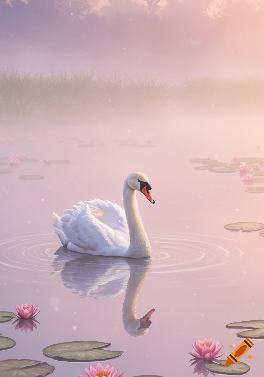 A graceful white swan floats on a misty pond with pink water lilies, bathed in soft, serene light.