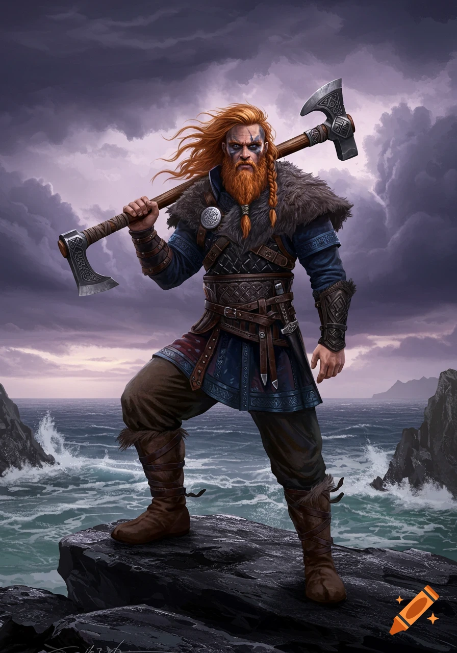 A fierce Viking warrior with a red beard and axe stands on a rocky coast under a stormy sky.