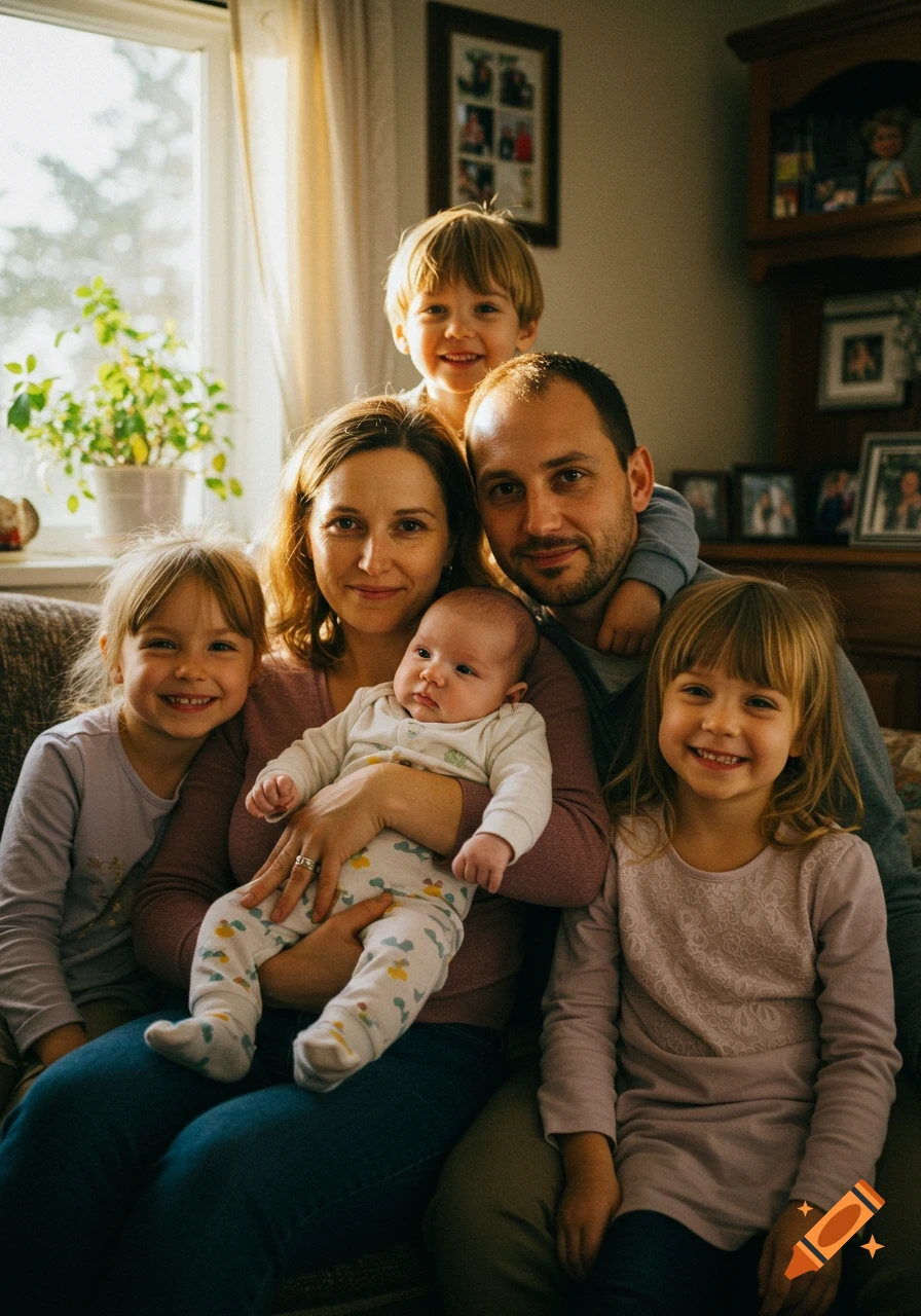 A family of six, including a mother, father, baby, two girls, and a boy, smiles for a portrait in warm sunlight.