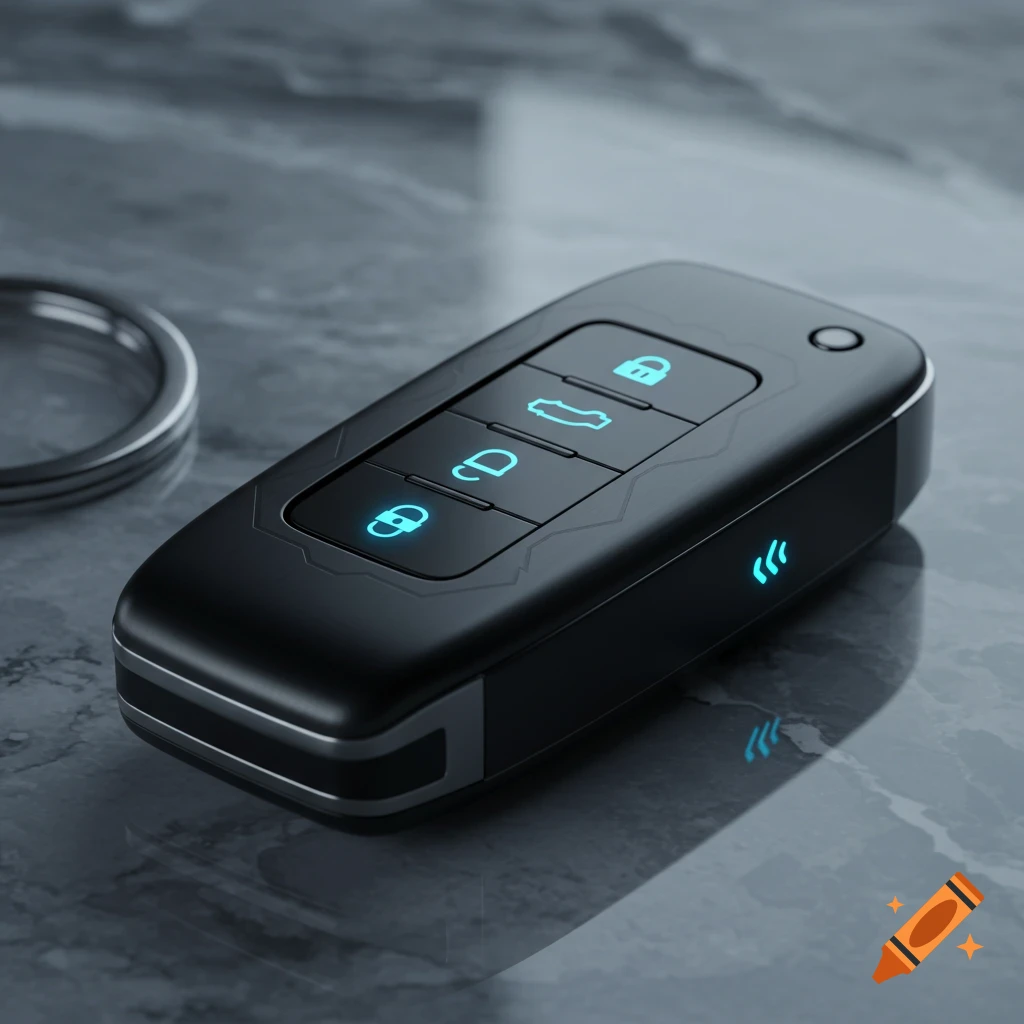 A close-up, photorealistic image of a sleek black car key fob with glowing blue buttons on a dark, reflective surface.
