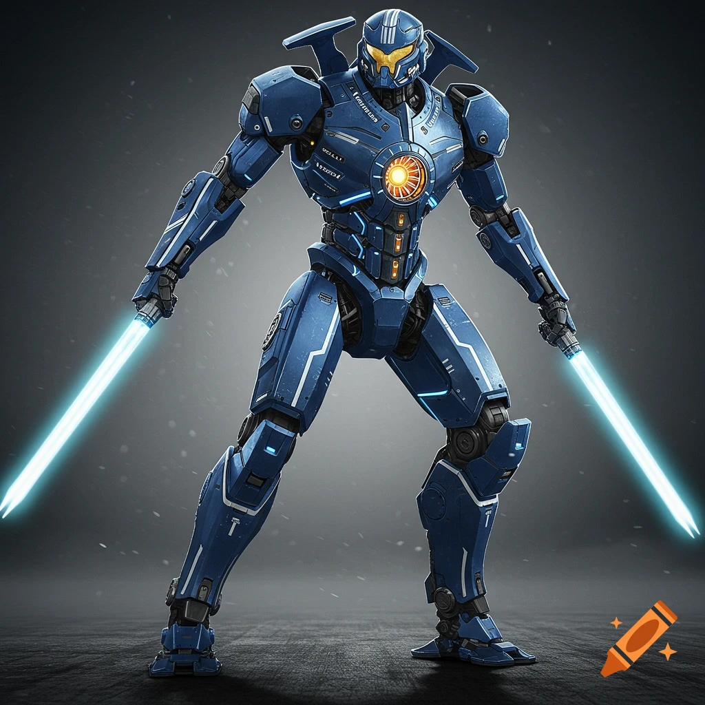 A blue, sports car-inspired robot with glowing plasma sabers stands against a dark background.