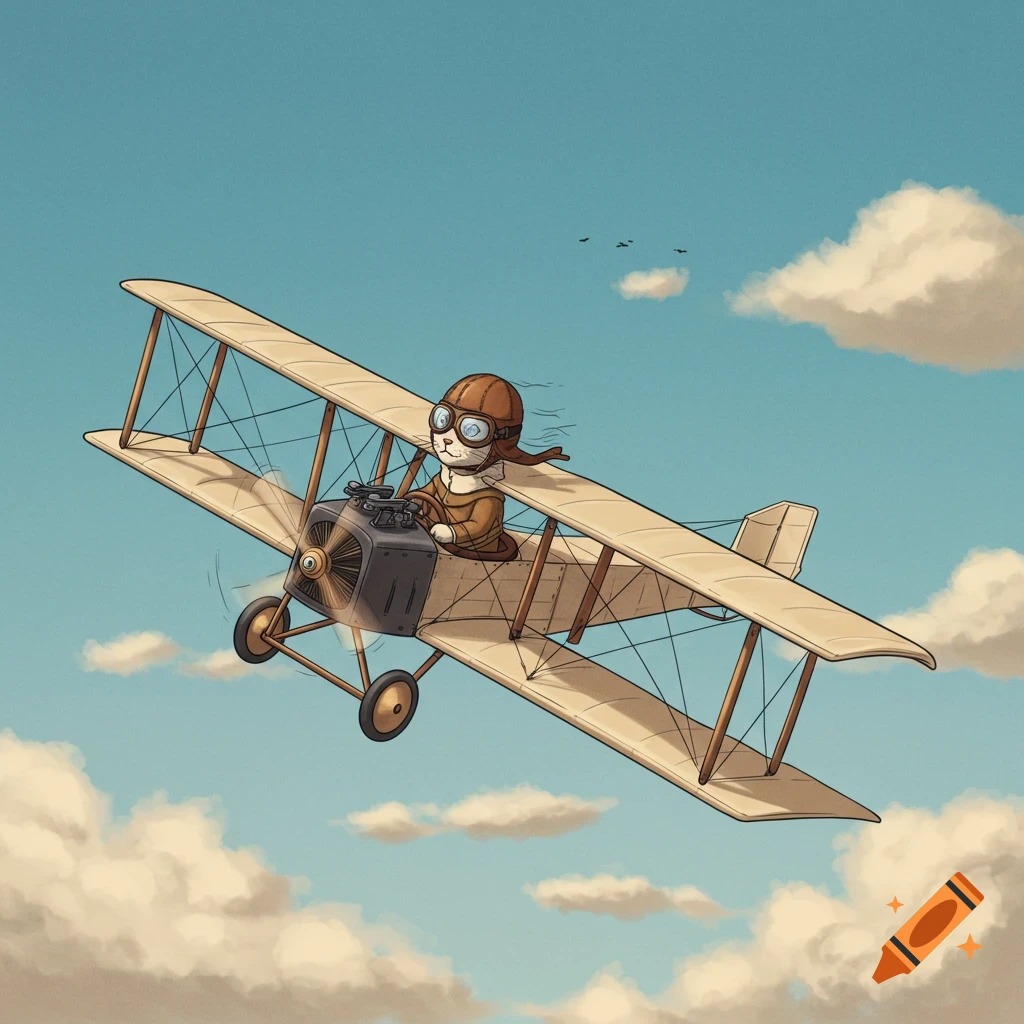 A cartoon cat in an aviation helmet flies a vintage biplane through a blue sky with clouds.