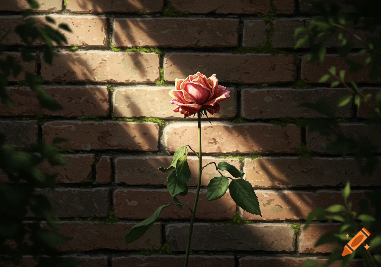 A wilting pink rose with green leaves stands against an old brick wall, dappled with sunlight and shadows from unseen foliage.