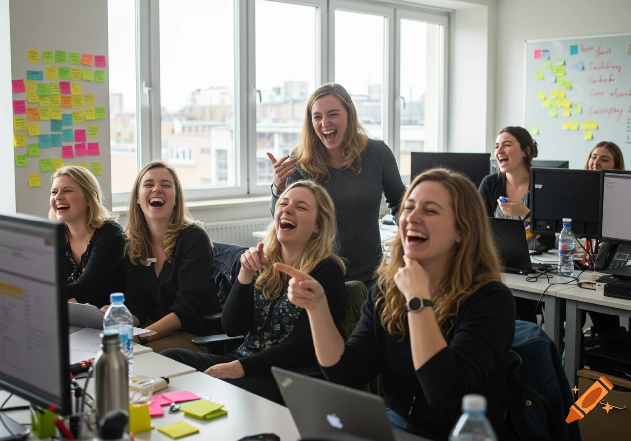 Candid photo of several women laughing hysterically in a bright office filled with sticky notes, computers, and water bottles.