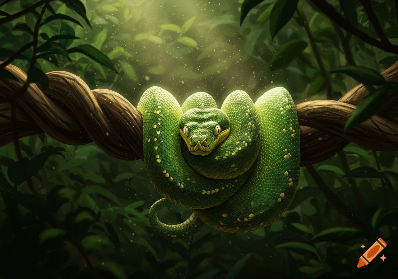 A vibrant green snake with yellow spots coiled on a thick brown vine amidst lush jungle foliage, with light filtering through the leaves.