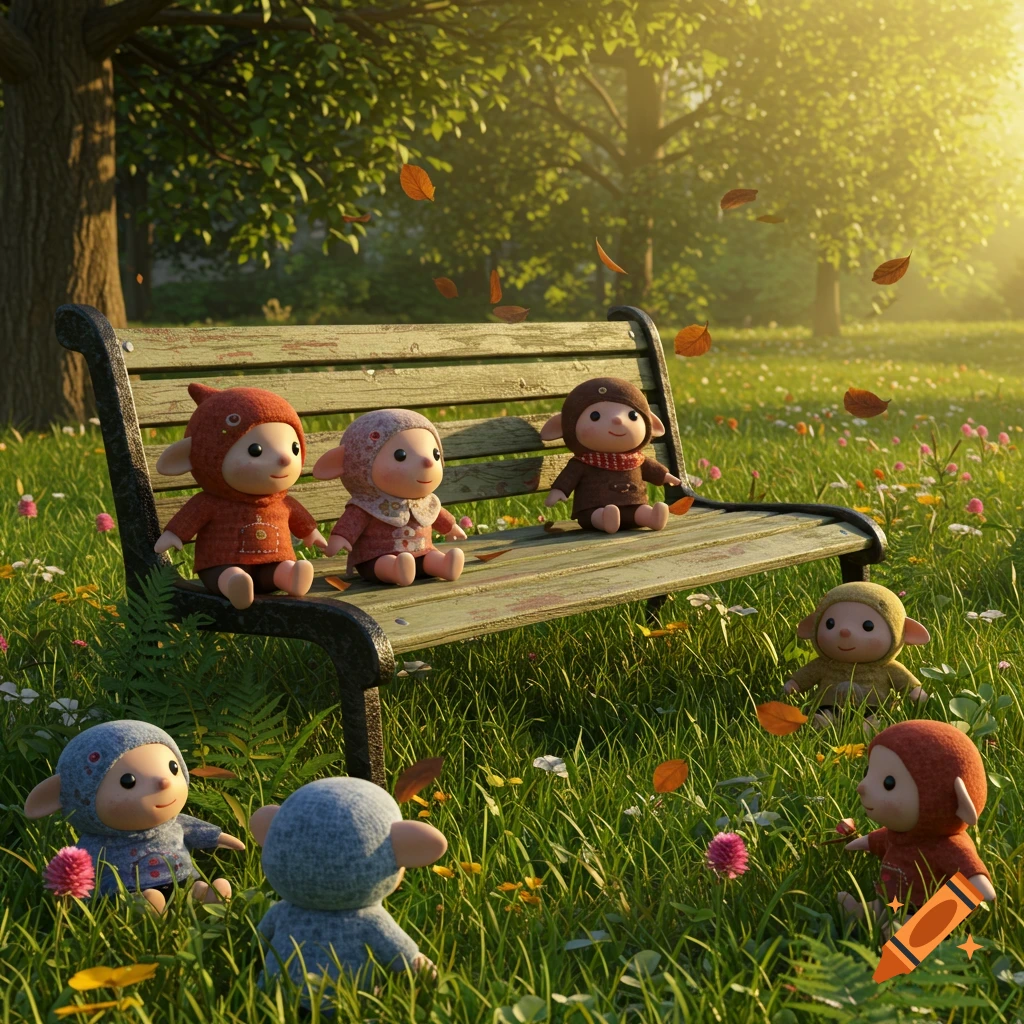 Cute doll-like characters sitting on a bench and in the grass in a sunny park with falling autumn leaves.