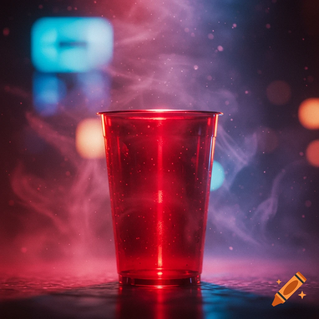 A photorealistic red plastic cup on a dark, reflective surface, with a smoky background of colorful neon lights.