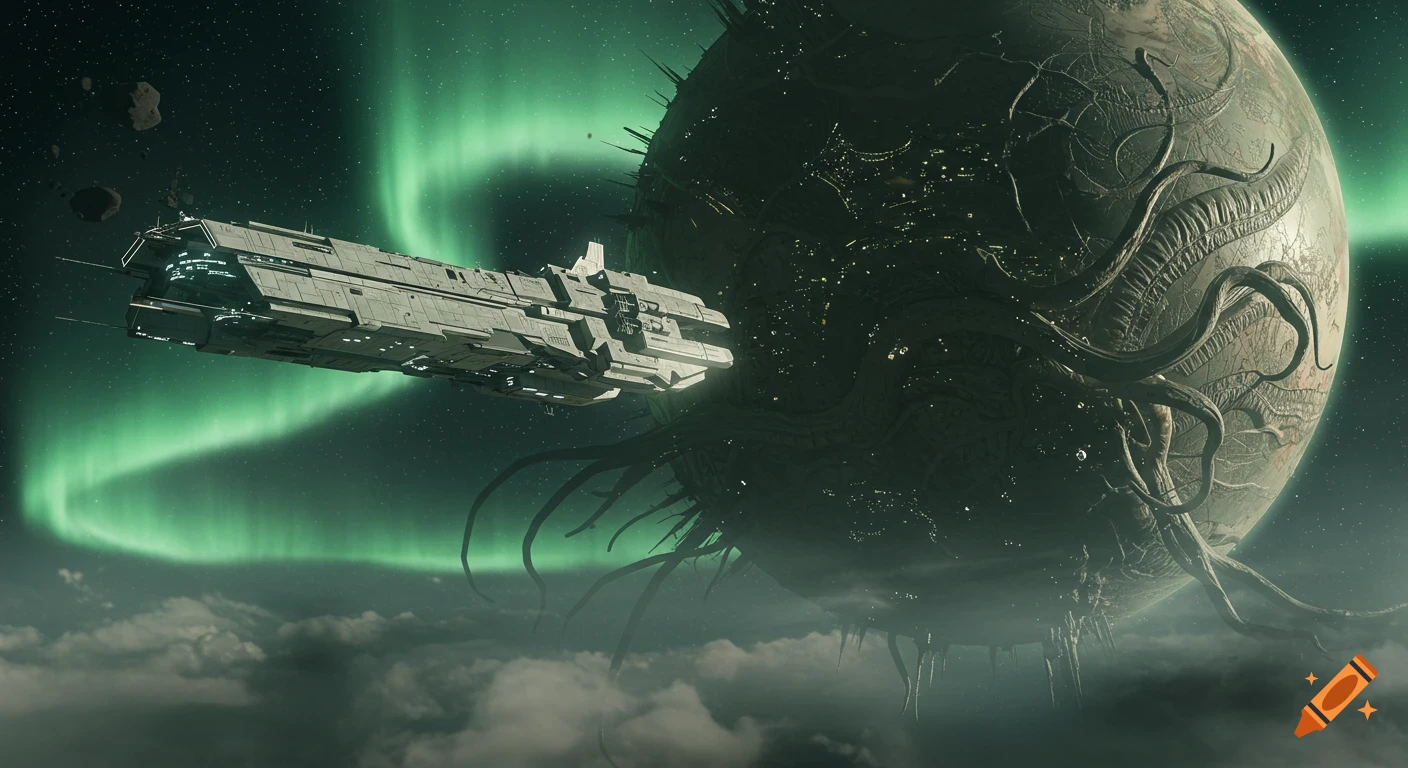 A spaceship flies past a colossal, grotesque planet with tentacles and spikes under a green aurora in deep space.