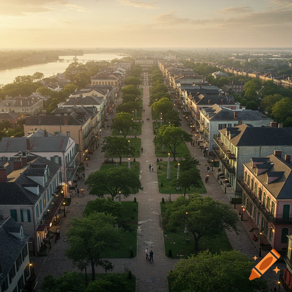 Aerial view of a historic city street lined with trees and old buildings, with a river in the background under a warm sky, photorealistic.