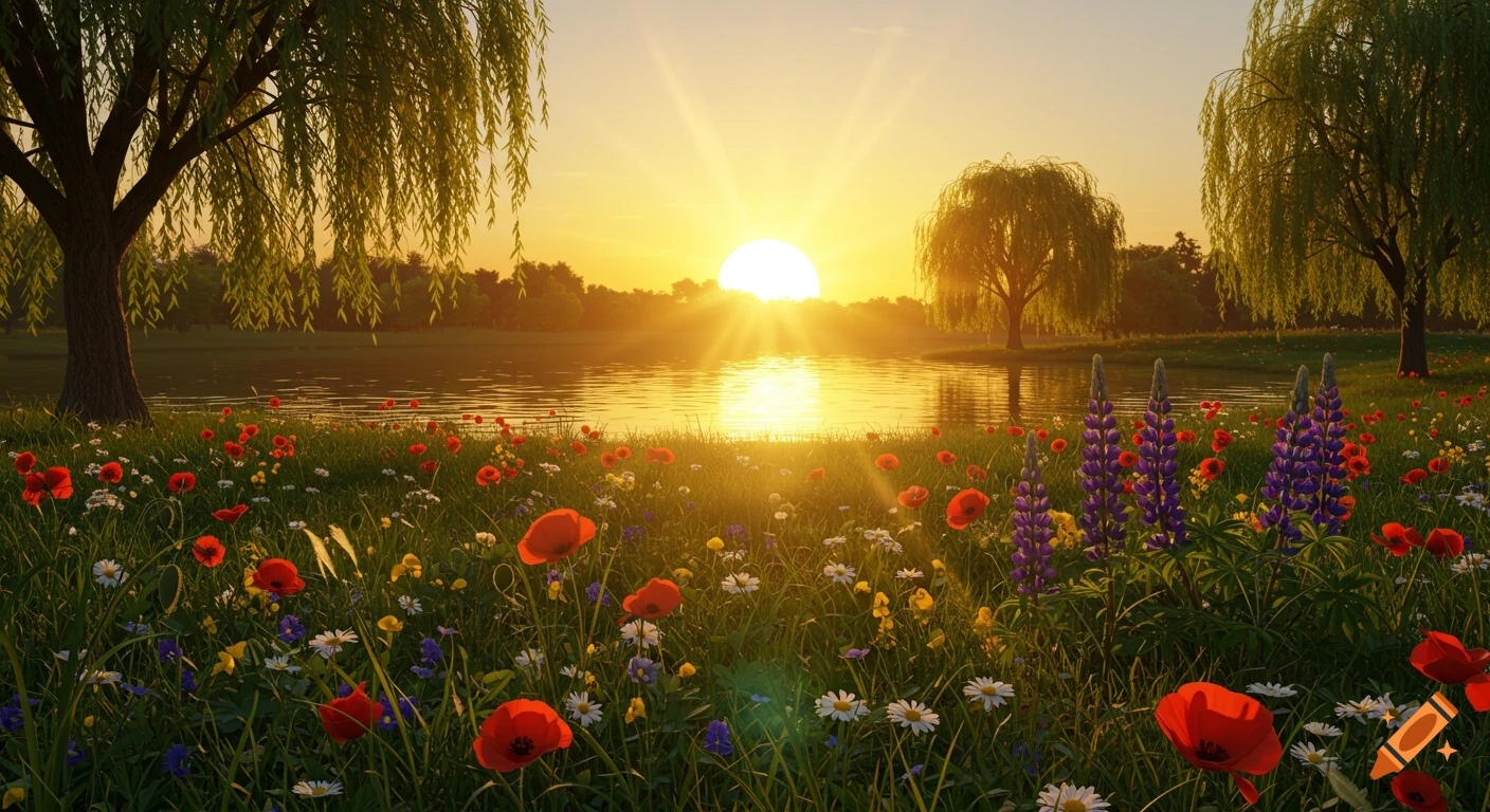 Photorealistic sunset over a lake in a park, with willow trees and a foreground filled with colorful poppies and other wildflowers.
