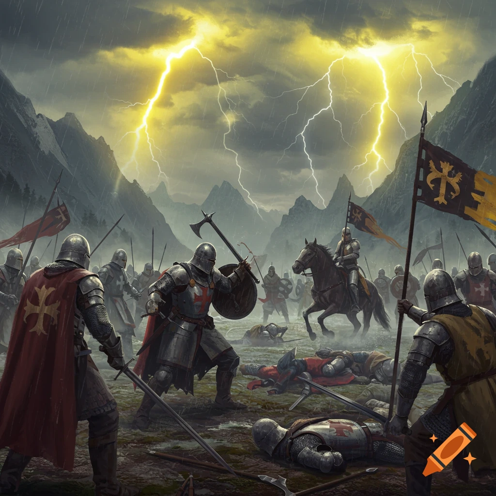 Knights battle in a muddy field during a lightning storm, with mountains in the background.