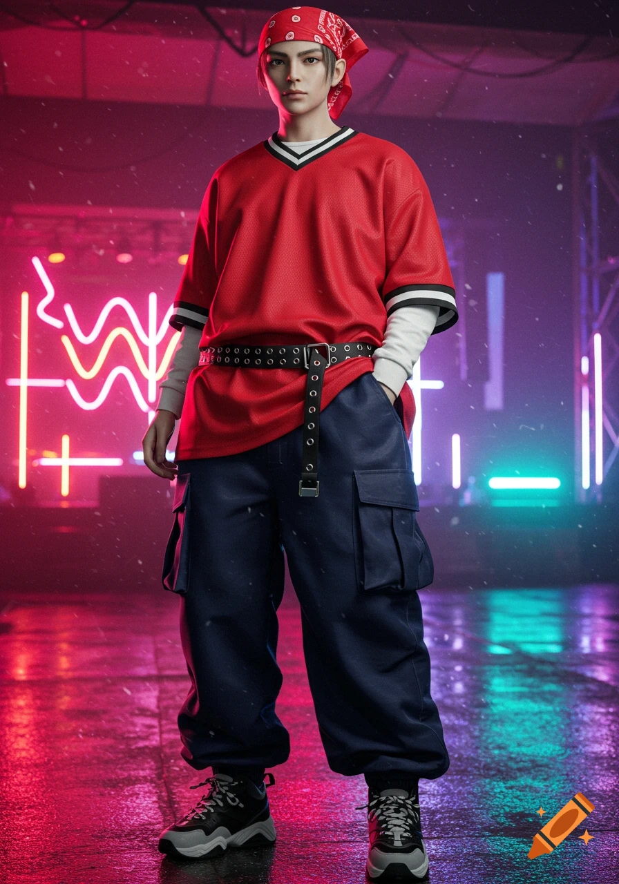 A person in an oversized red jersey, navy cargo pants, and a red bandana stands in an urban setting with pink and blue neon lights reflected on a wet ground.