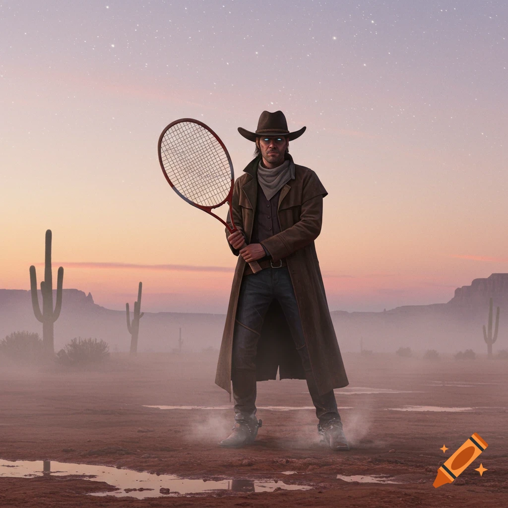 A stoic gunslinger in a duster coat and cowboy hat holds a tennis racket in a misty desert at dawn with glowing eyes.