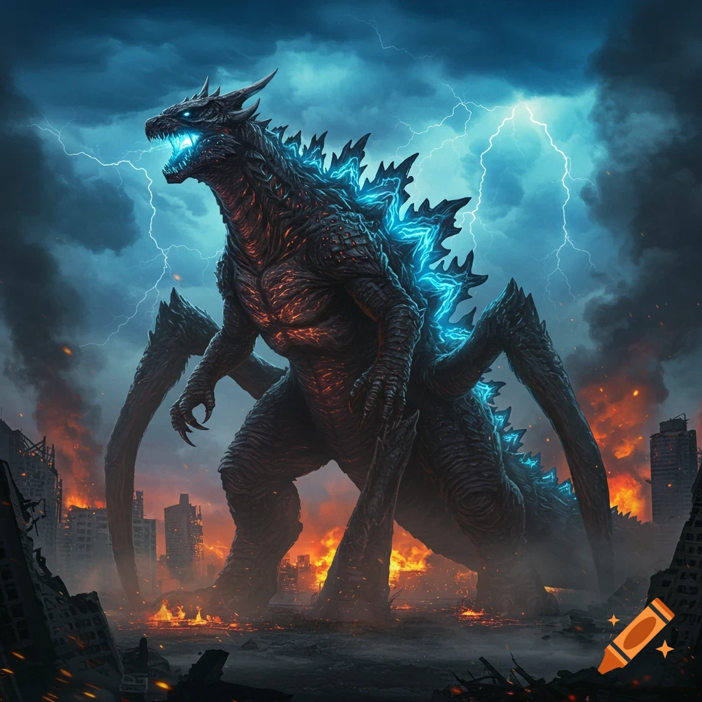 An eight-legged, glowing Godzilla-like monster roars in a lightning-struck, burning city.