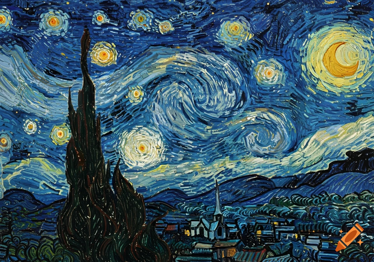 Post-impressionist painting of a swirling night sky with bright stars and crescent moon above a village and a tall cypress tree.