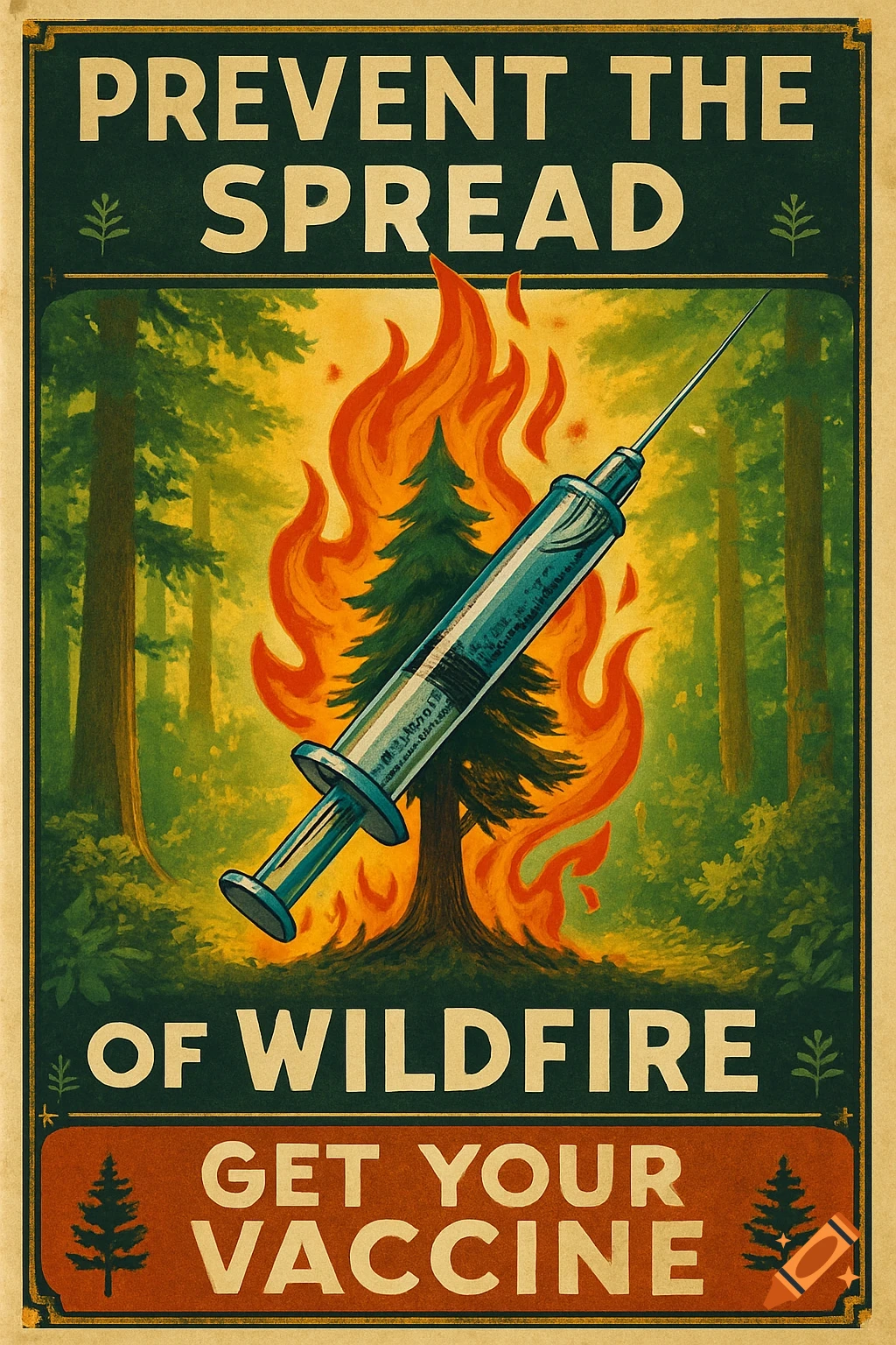 A vintage style poster warning to "PREVENT THE SPREAD OF WILDFIRE GET YOUR VACCINE." It depicts a burning pine tree with a large syringe floating over it in a forest.